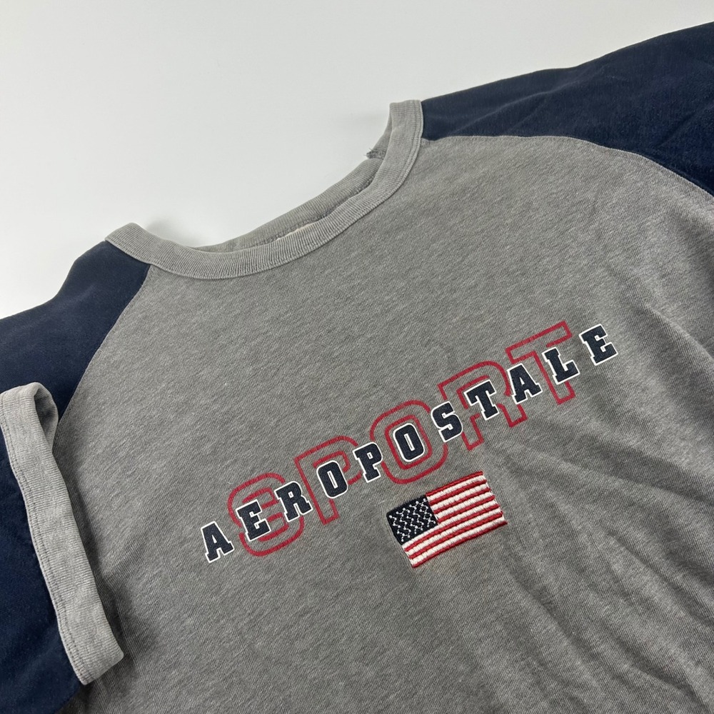 Aeropostale Mens S Sport Ringer Y2K VTG T-Shirt Grey Blue USA Americana Flag